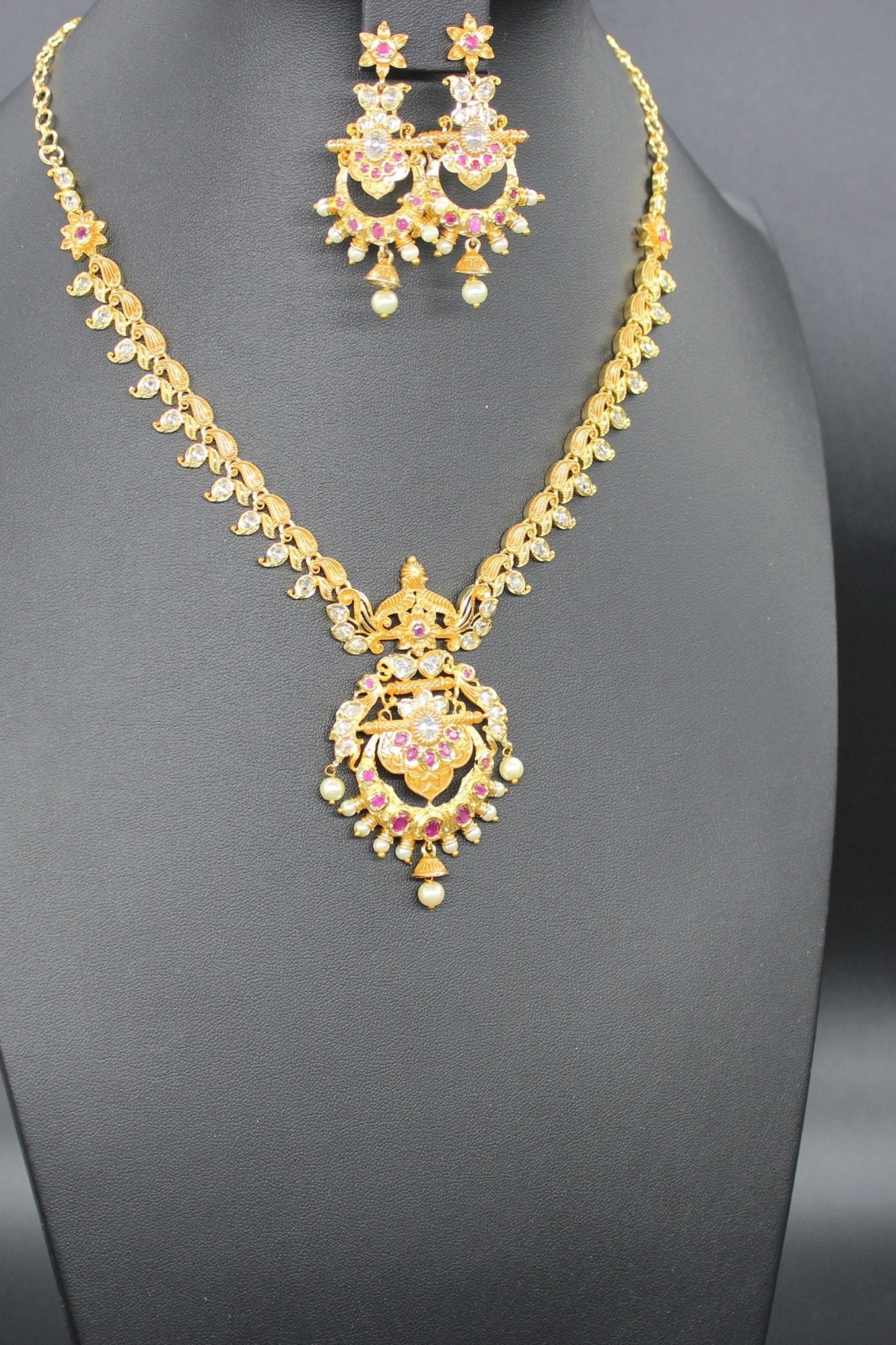 Premium Quality, Gold finish AD necklace Pink and white stone Jewelry JCS Fashions White and Pink