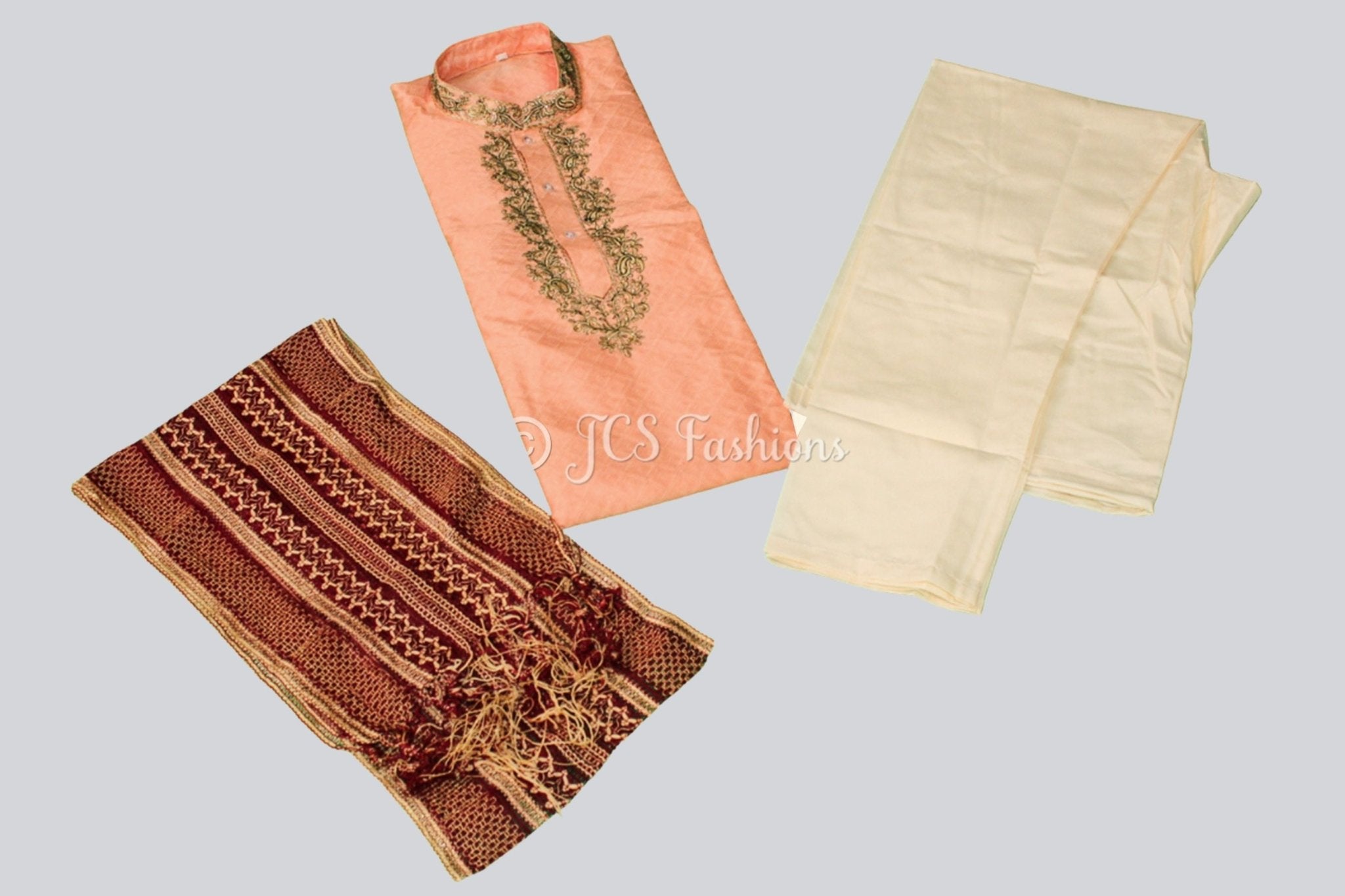 Premium Silk Kurta Pajama Set – Elegant Men’s Embroidered Ethnic Wear MEN JCS Fashions Peach Small (36)