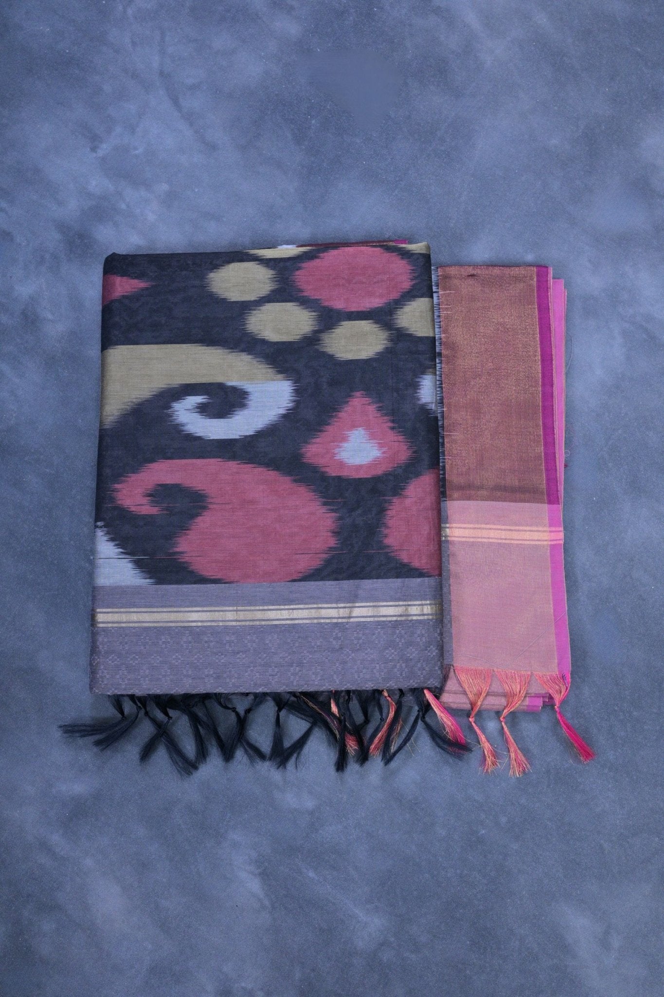 Premium Soft Cotton Saree With Pochampally Ikkat Pallu & Zari Border Saree JCS Fashions Grey 5.5 meters
