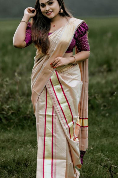 Premium Vishu Collection : Elegantly Crafted Tissue set mundu with Tussels Saree JCS Fashions