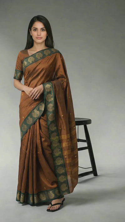 Brown Poly Cotton Butta Saree with Dark Green Thread - Product Video