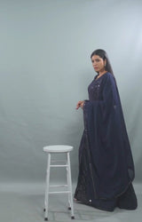 Elegant  Floor-Length Gown with Embroidery & Sequins - Navy Blue