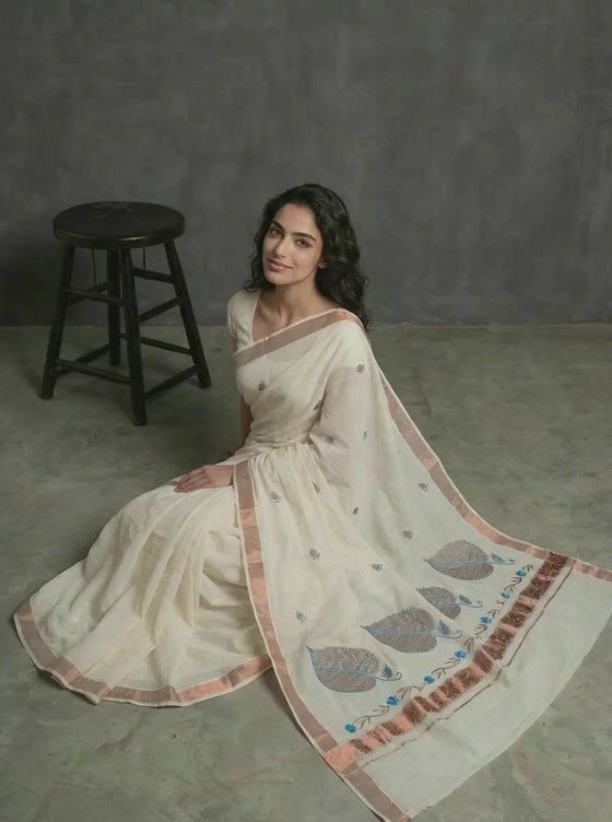 Pure Kerala Cotton White Saree with Copper Zari Border, Peacock Floral Embroidery and Blouse Piece - Product Video