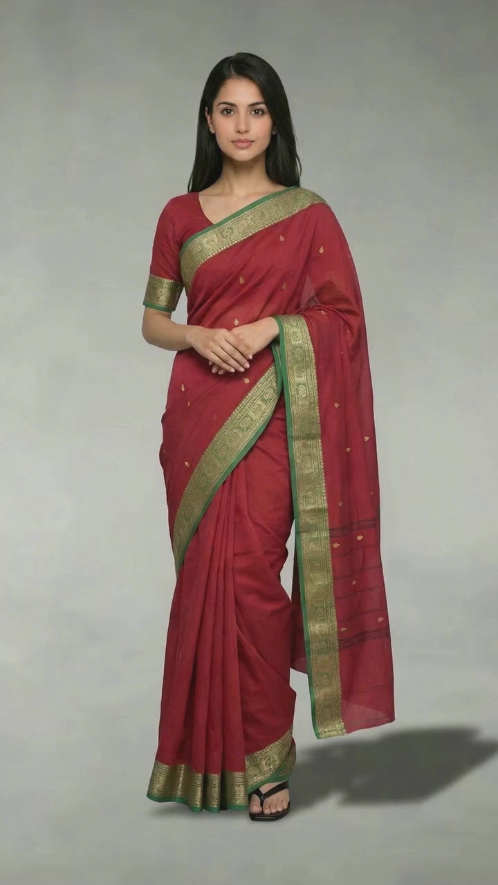 Red Poly Cotton Butta Saree with Green-Gold Thread - Product Video