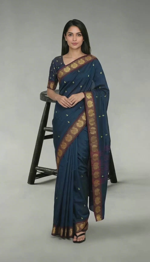 Navy Blue Poly Cotton Butta Saree with Gold-Coloured - Product Video