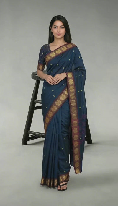 Navy Blue Poly Cotton Butta Saree with Gold-Coloured - Product Video
