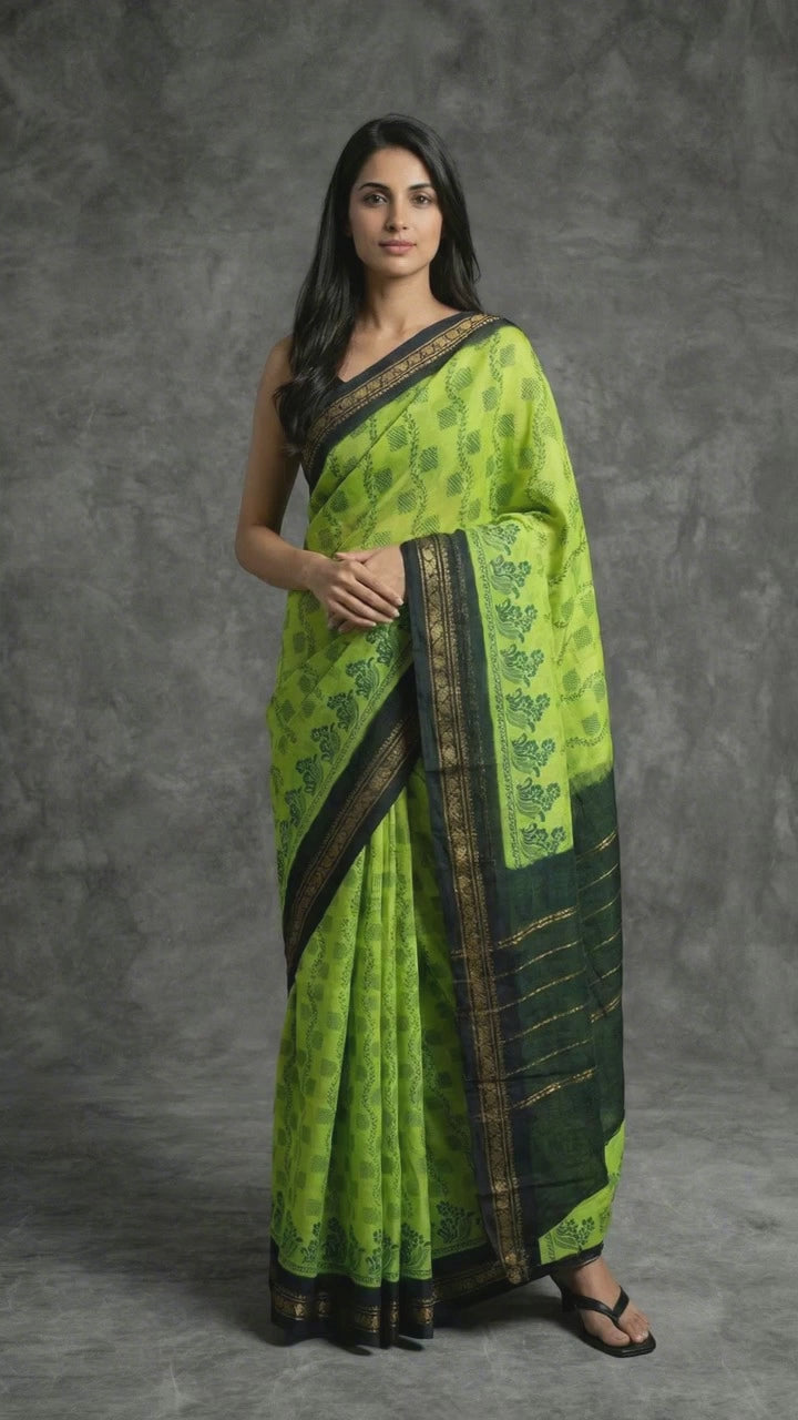 Green Poly Cotton Floral Print Saree for Daily Wear - Product Video