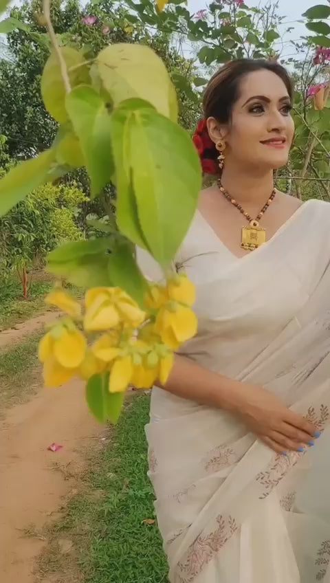 Handwoven Kerala Cotton Saree with Rosegold Zari & Leaf Motif Saree JCS Fashions