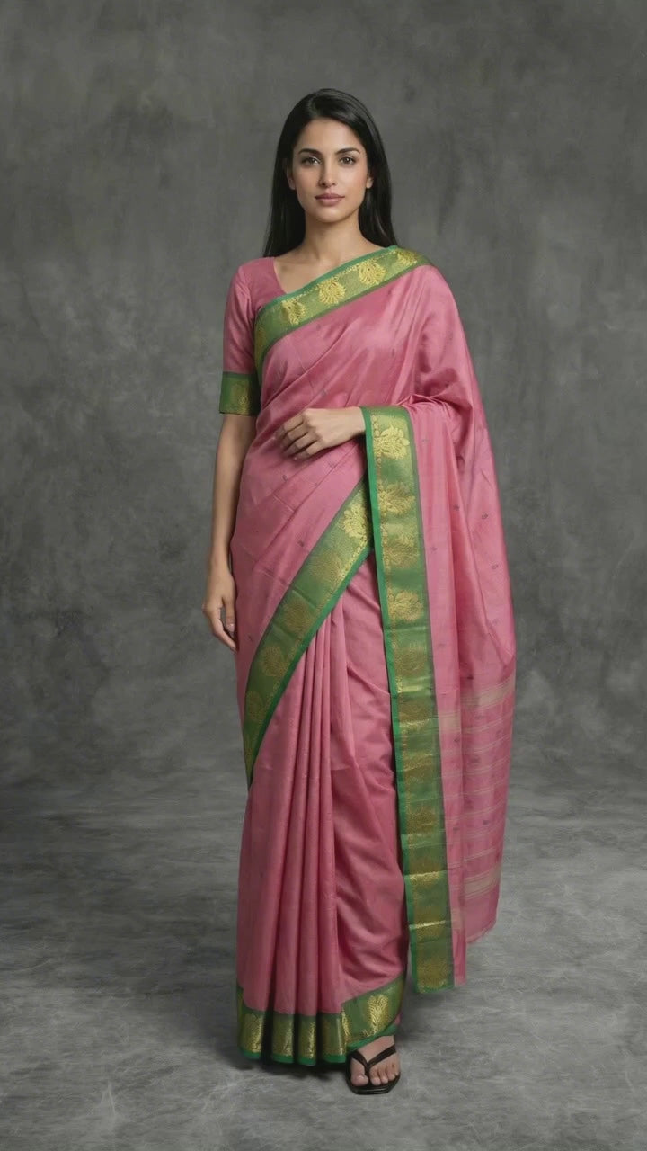 Onion Pink Poly Cotton Saree with Green Zari Border - Product Video