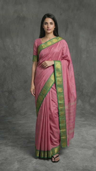 Onion Pink Poly Cotton Saree with Green Zari Border - Product Video
