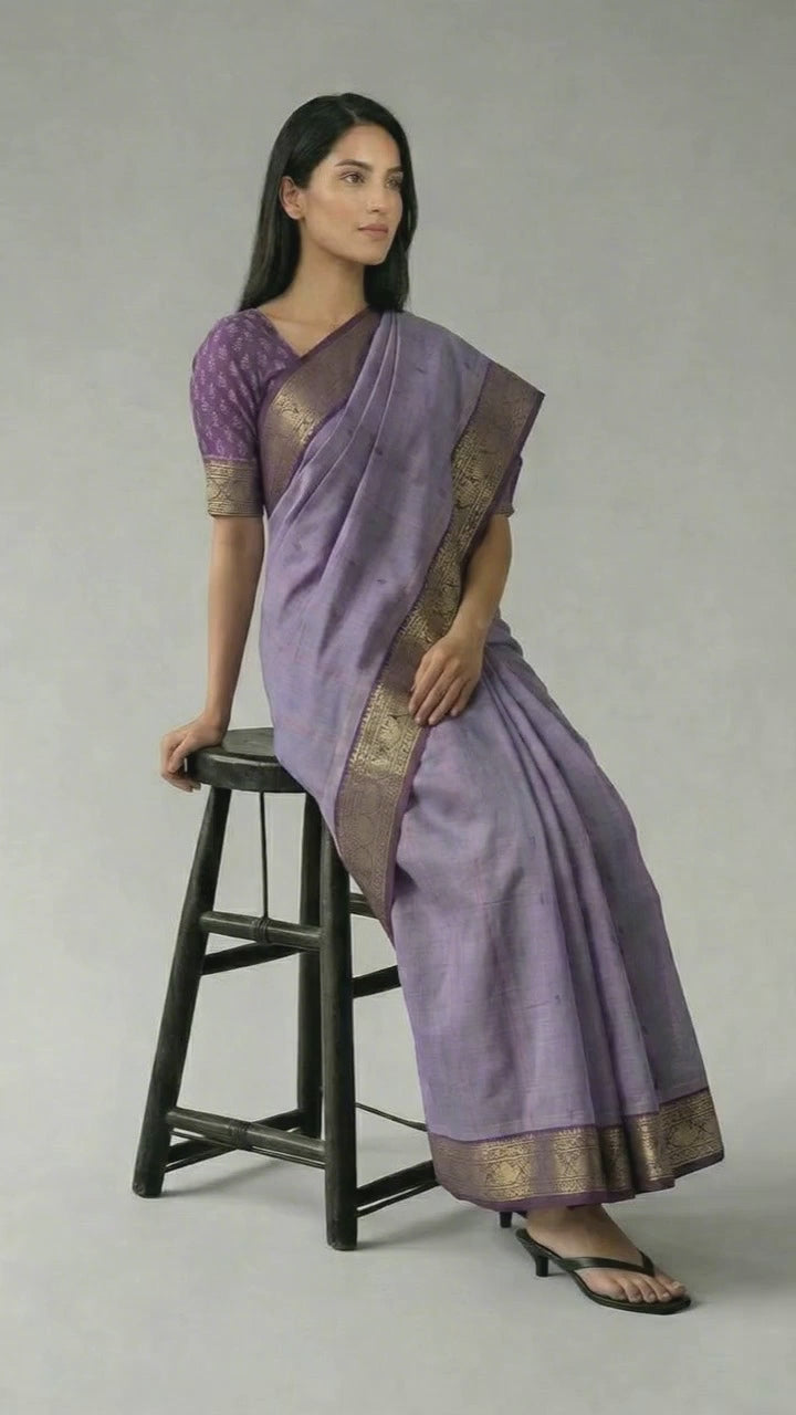 Lavender Poly Cotton Butta Saree with Gold-Thread - Product Video