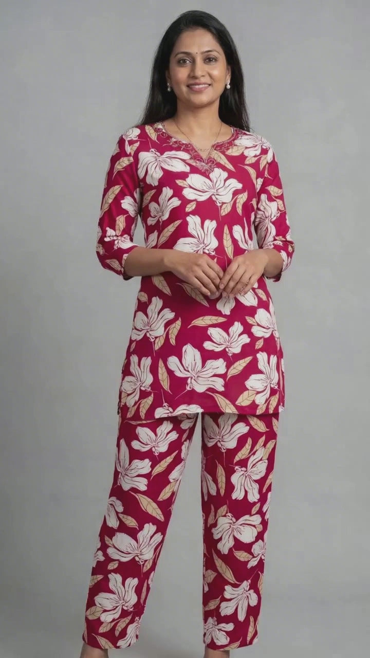 Vivid Maroon Rayon 2 Piece Set with Elastic Pants - Product Video