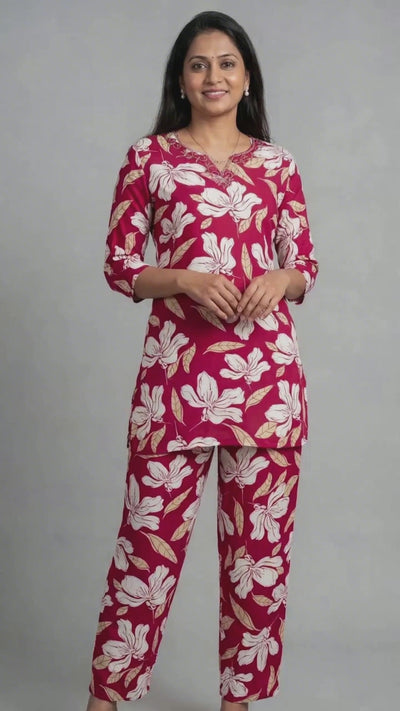 Vivid Maroon Rayon 2 Piece Set with Elastic Pants - Product Video