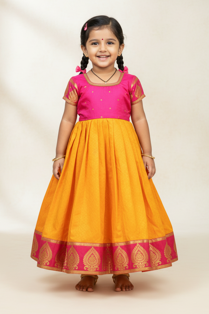Girls' Pink Pattu Silk Frock - Designer