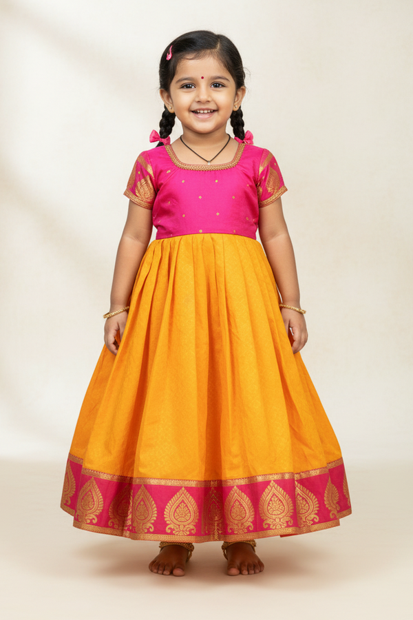 Girls' Pink Pattu Silk Frock - Designer