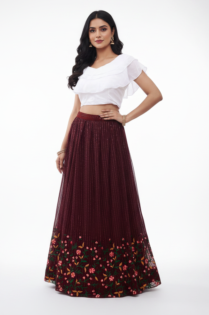 Maroon Georgette Handwork Lehanga With Blouse