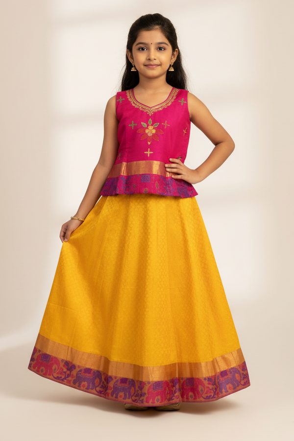 Pure Silk Pattu Paavadai Set | Kids Lehanga