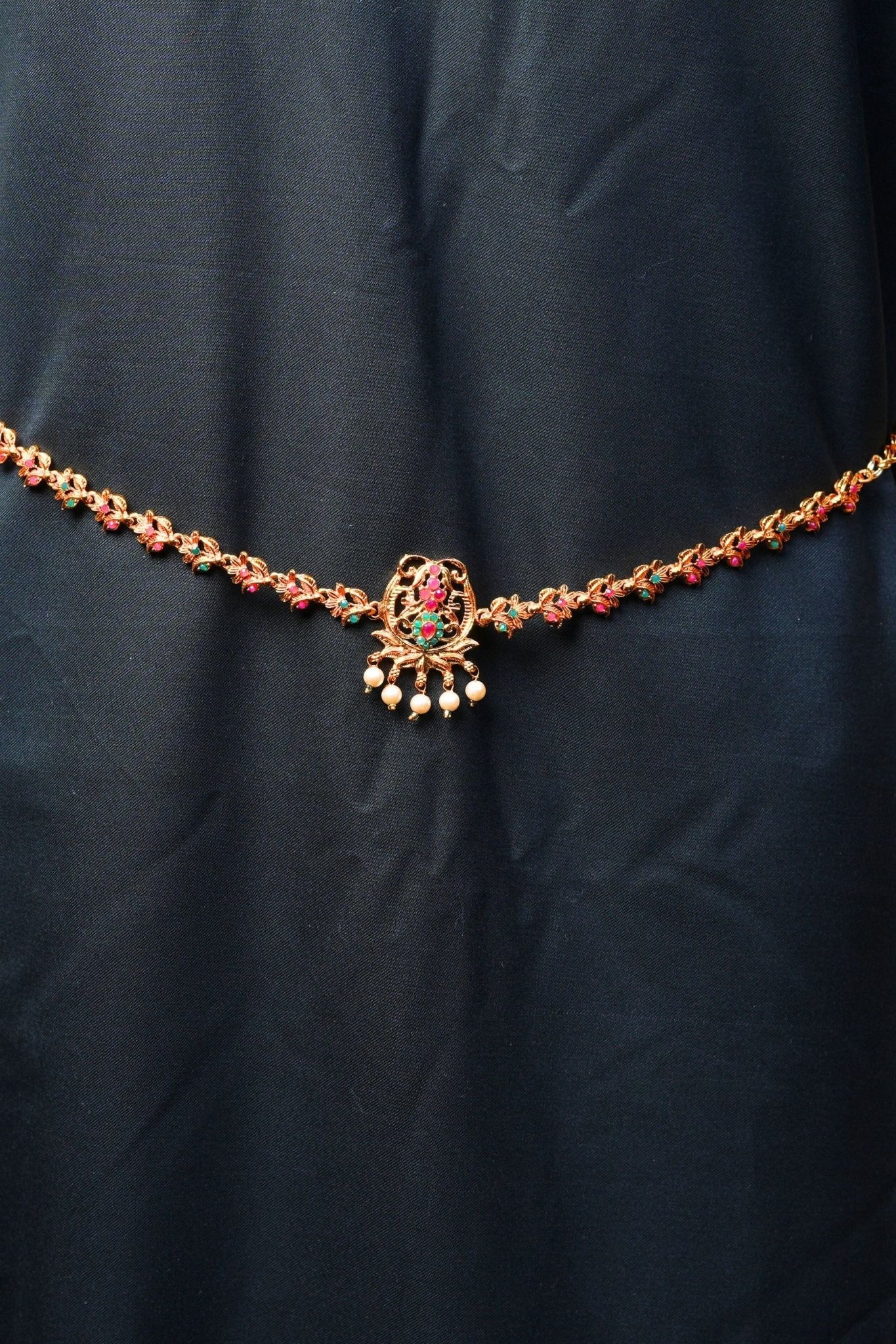 Radiant Elegance: Antique Gold & Pink Stone Hip Chain with Dangling Beads Jewelry JCS Fashions