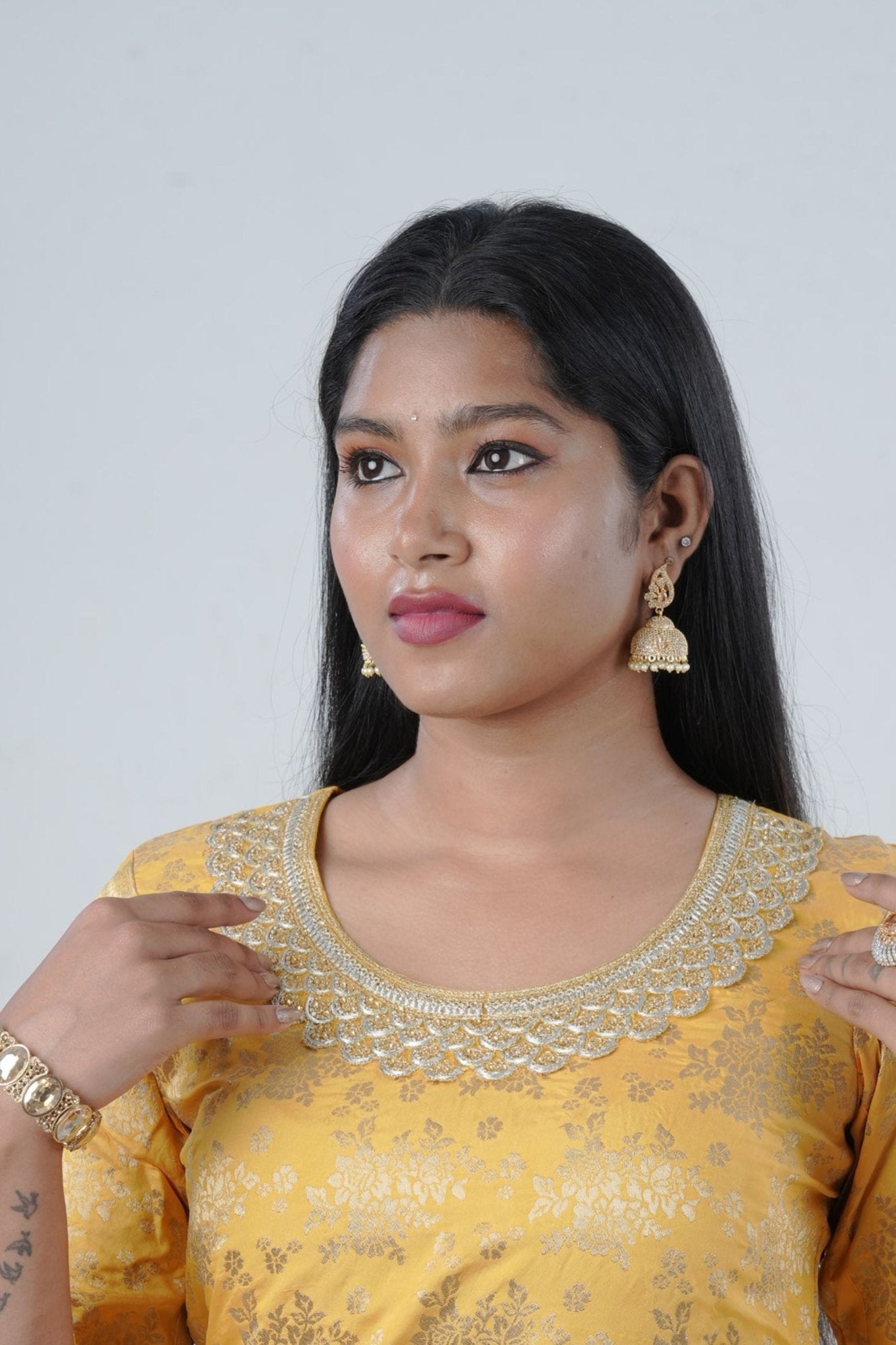 Radiant Gold Polish Jhumka Earrings with Elegant White Stones and Pearls Jewelry JCS Fashions 2.2" Gold