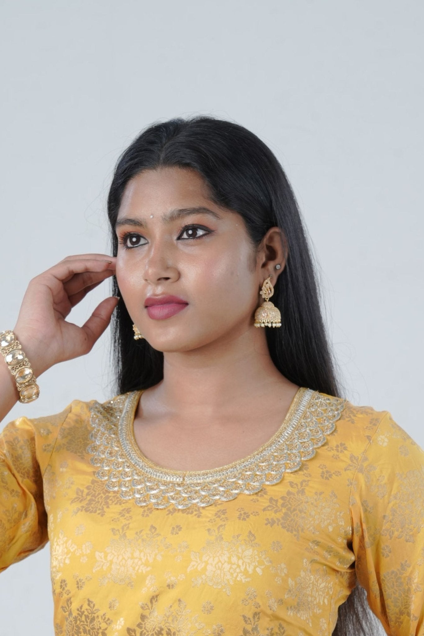 Radiant Gold Polish Jhumka Earrings with Elegant White Stones and Pearls Jewelry JCS Fashions