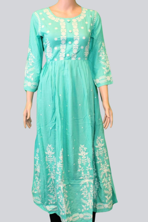 Radiant Rayon: Stunning Long Gown with Beautiful Embroidery KURTI JCS Fashions Cyan Green Medium (38)