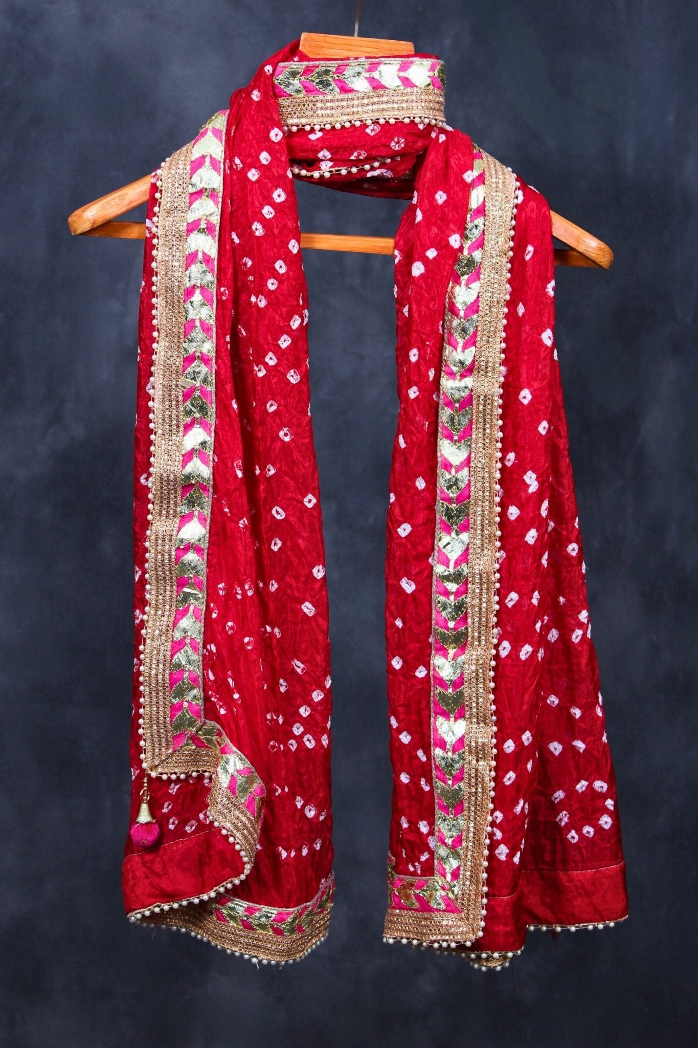 Rajasthani Art Silk Bandhej Bandhani Dupatta with Pearl Work Detailing Dupatta JCS Fashions Red Free size