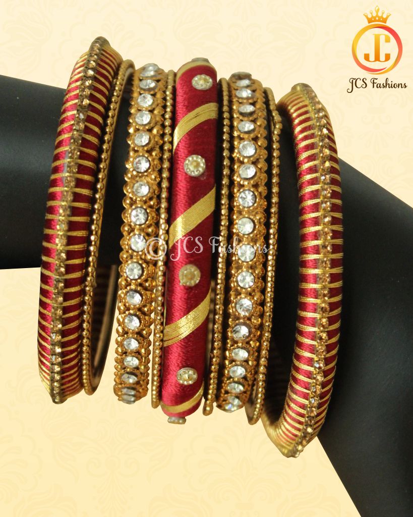 Red and Gold Silk Thread Bangles: Elegant Metal & Stone Fillers Jewelry JCS Fashions Red 2.60