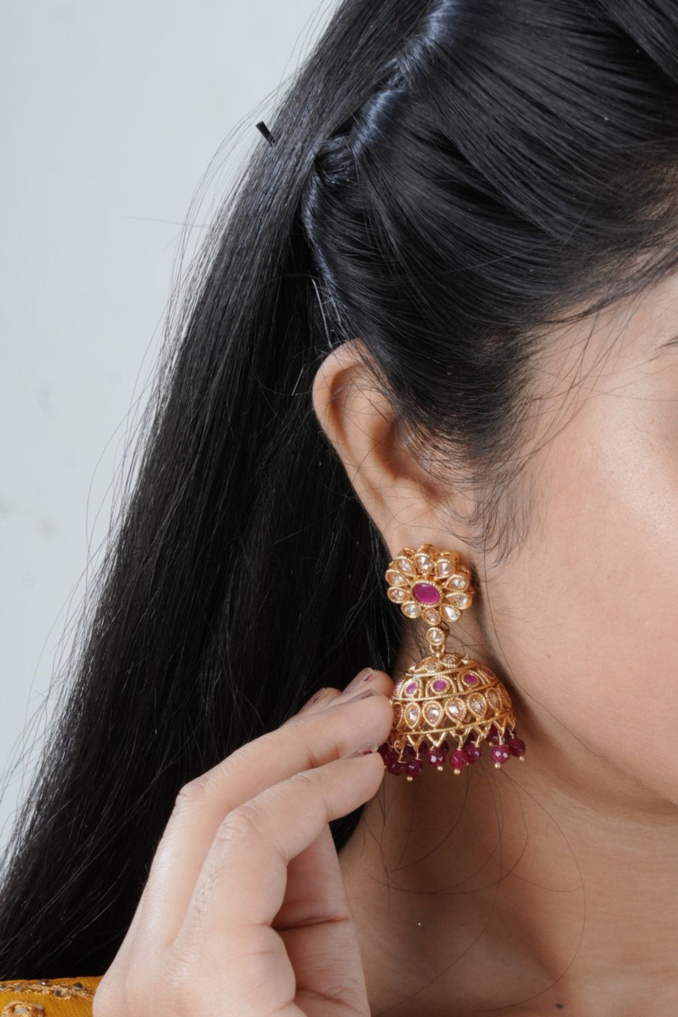 Regal Gold Kundan Jhumka Earrings - Handcrafted Accessory - JCS Fashions