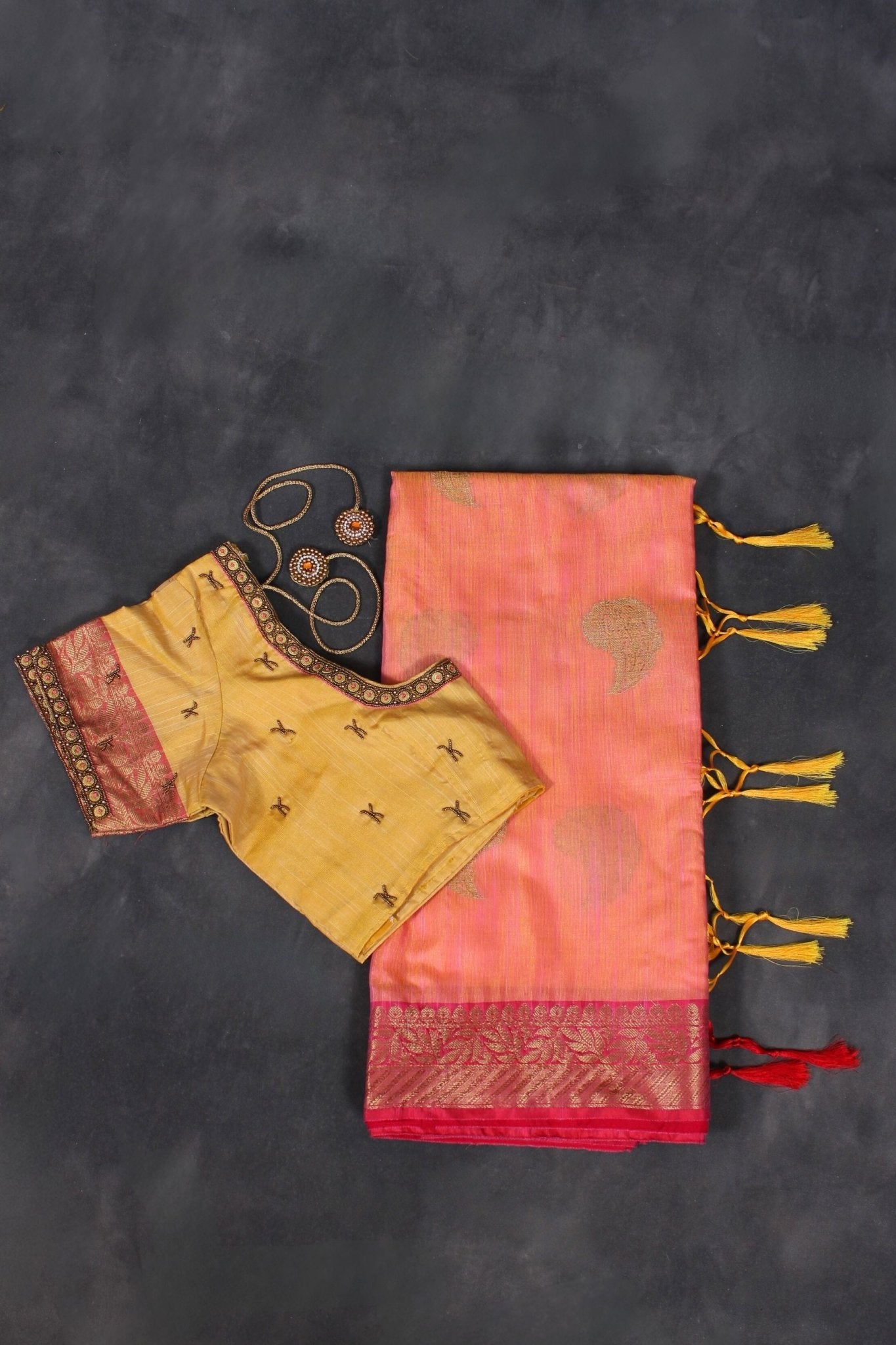 Rich Jute Banarasi Silk Saree with Contrast Pallu & Aari Work Blouse JCS Fashions Orange 5.5 meters