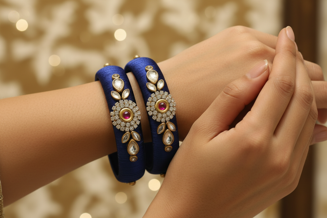 Royal Blue and Red Stone with Aari Work Fancy metal bangles
