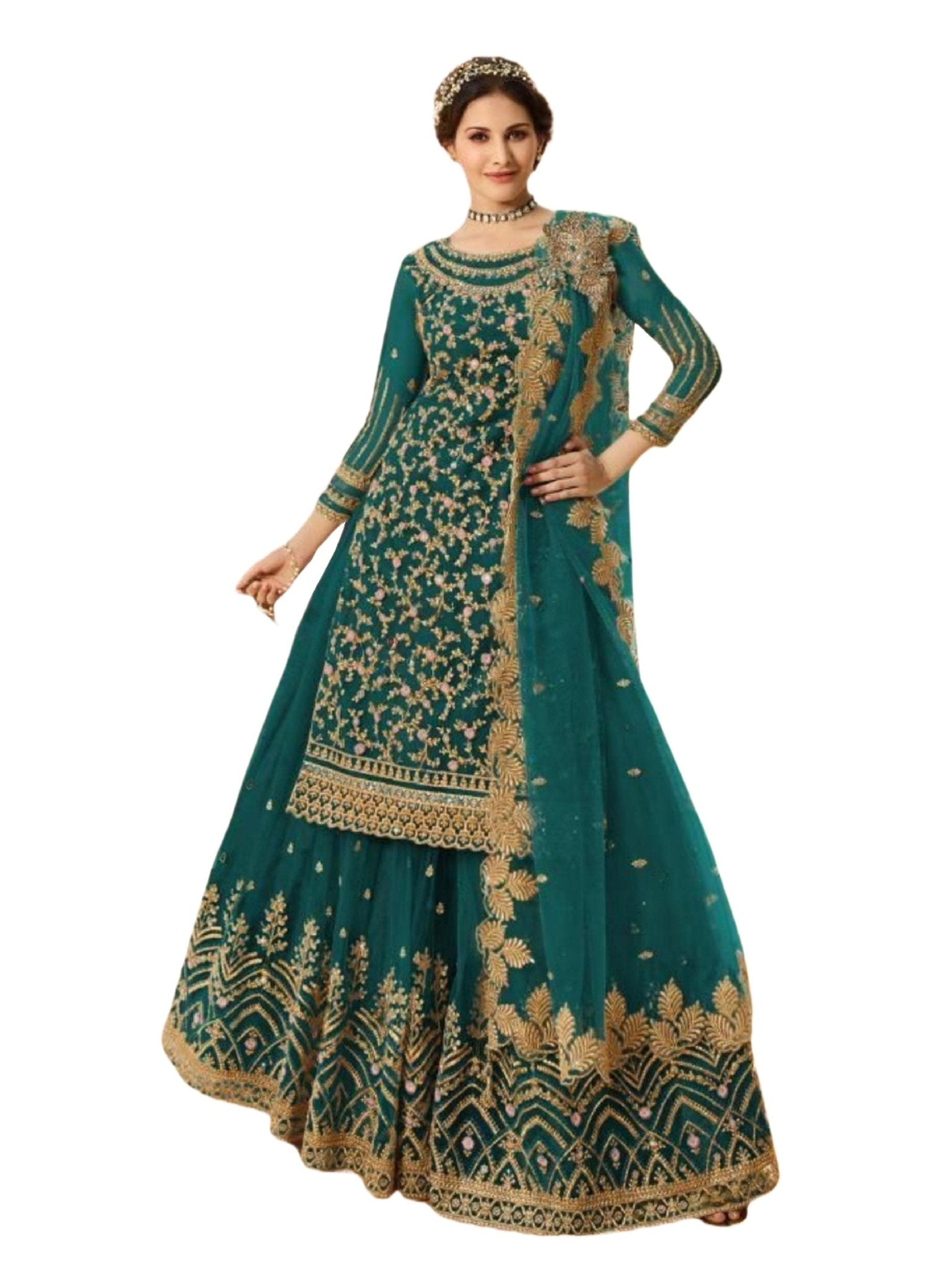Salwar Kameez With Skirt. Beautiful Designer Party Wear in Green - JCS Fashions