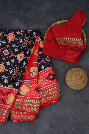 Satin Silk Patola Saree in Imperial Black & Red Ikkat design with Stitched Blouse