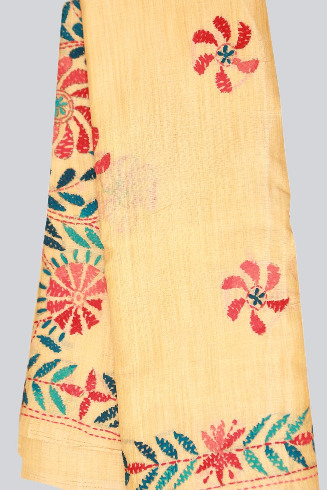 Semi Tusser Silk Hand Kantha Stitch Saree Saree JCS Fashions Cream 5.5 meters