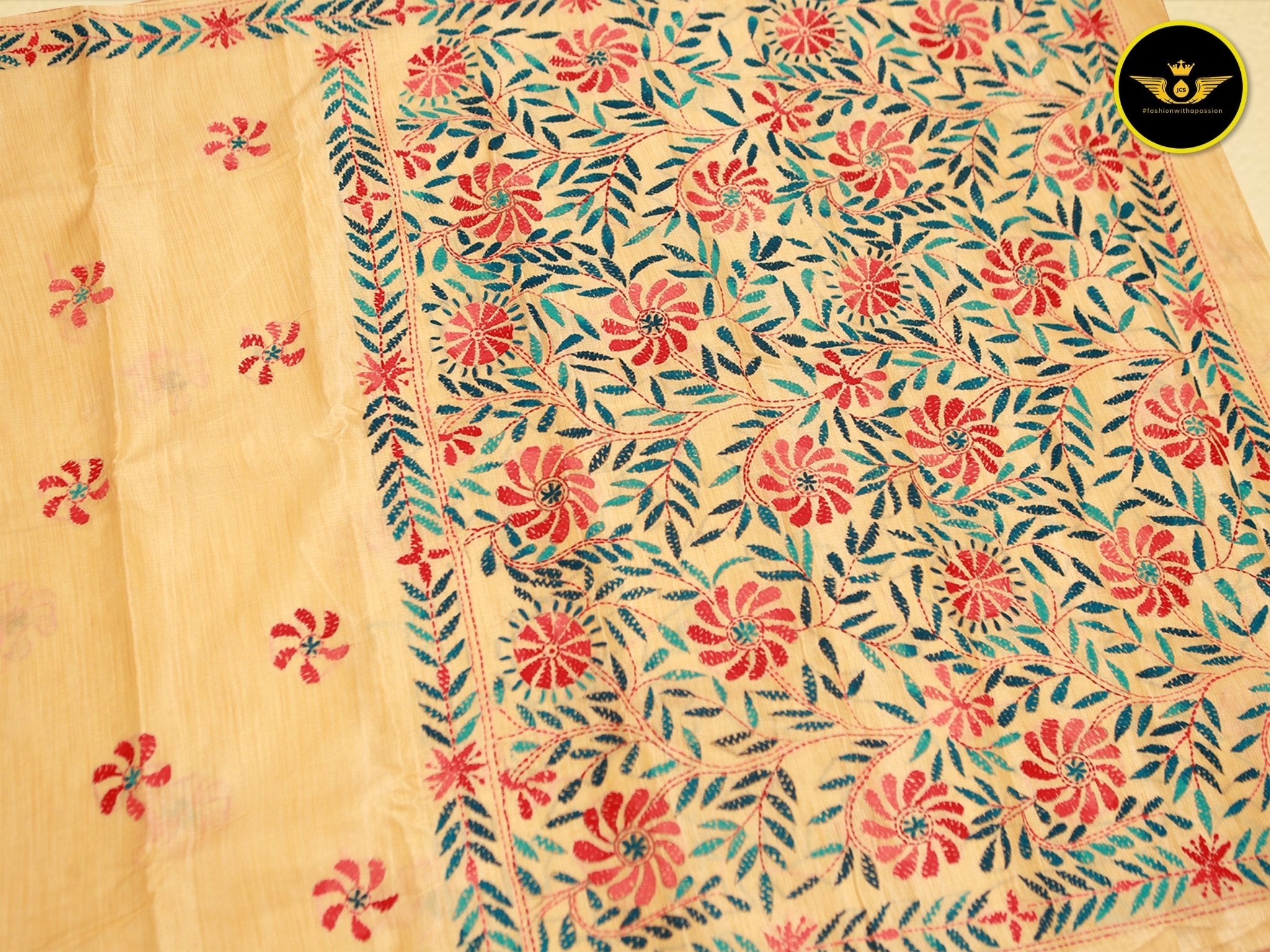 Semi Tusser Silk Hand Kantha Stitch Saree Saree JCS Fashions
