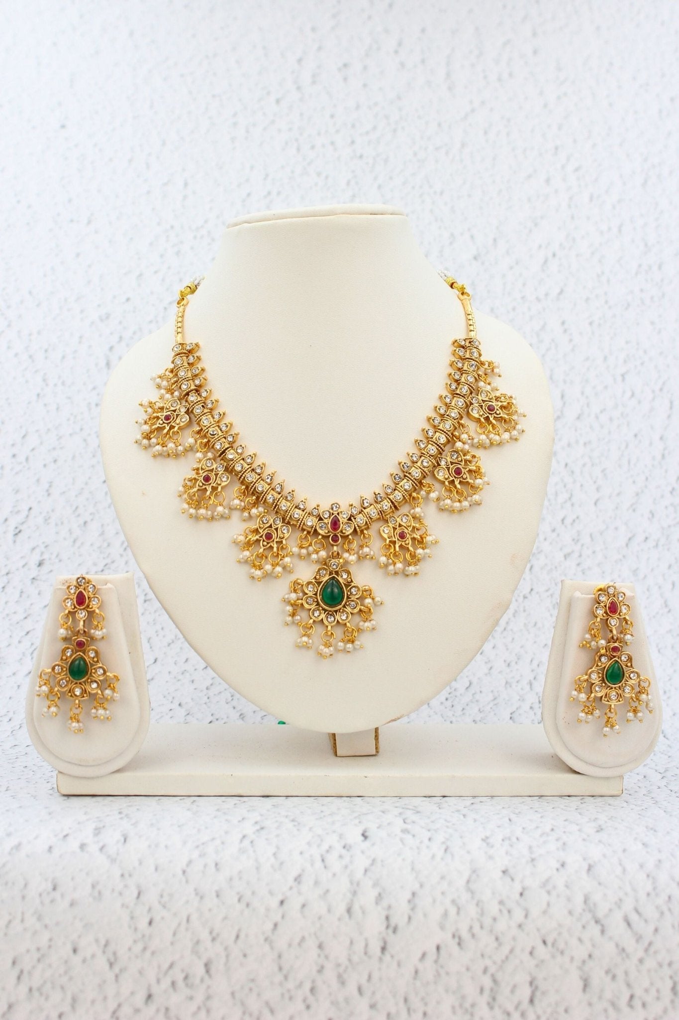 Short Guttapusalu Set with Cubic Zirconia - Gold-Plated Alloy Jewelry Jewelry JCS Fashions Gold 10 inch