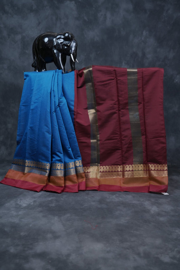 Blue Silk Cotton Saree with Zari Border, Line Pallu SAREE JCS Fashions