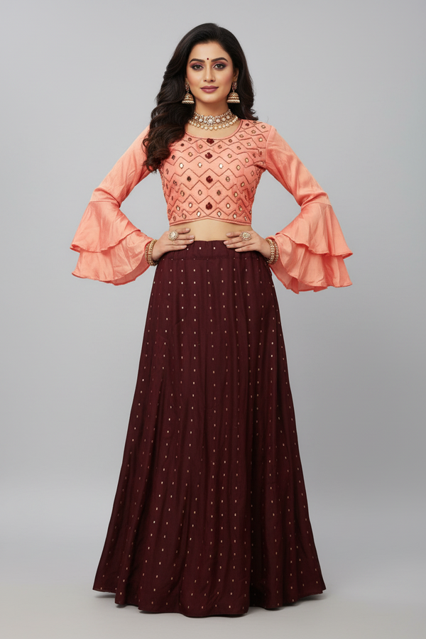 Orange Silk Crop Top Lehenga Set - 2-Piece Ensemble