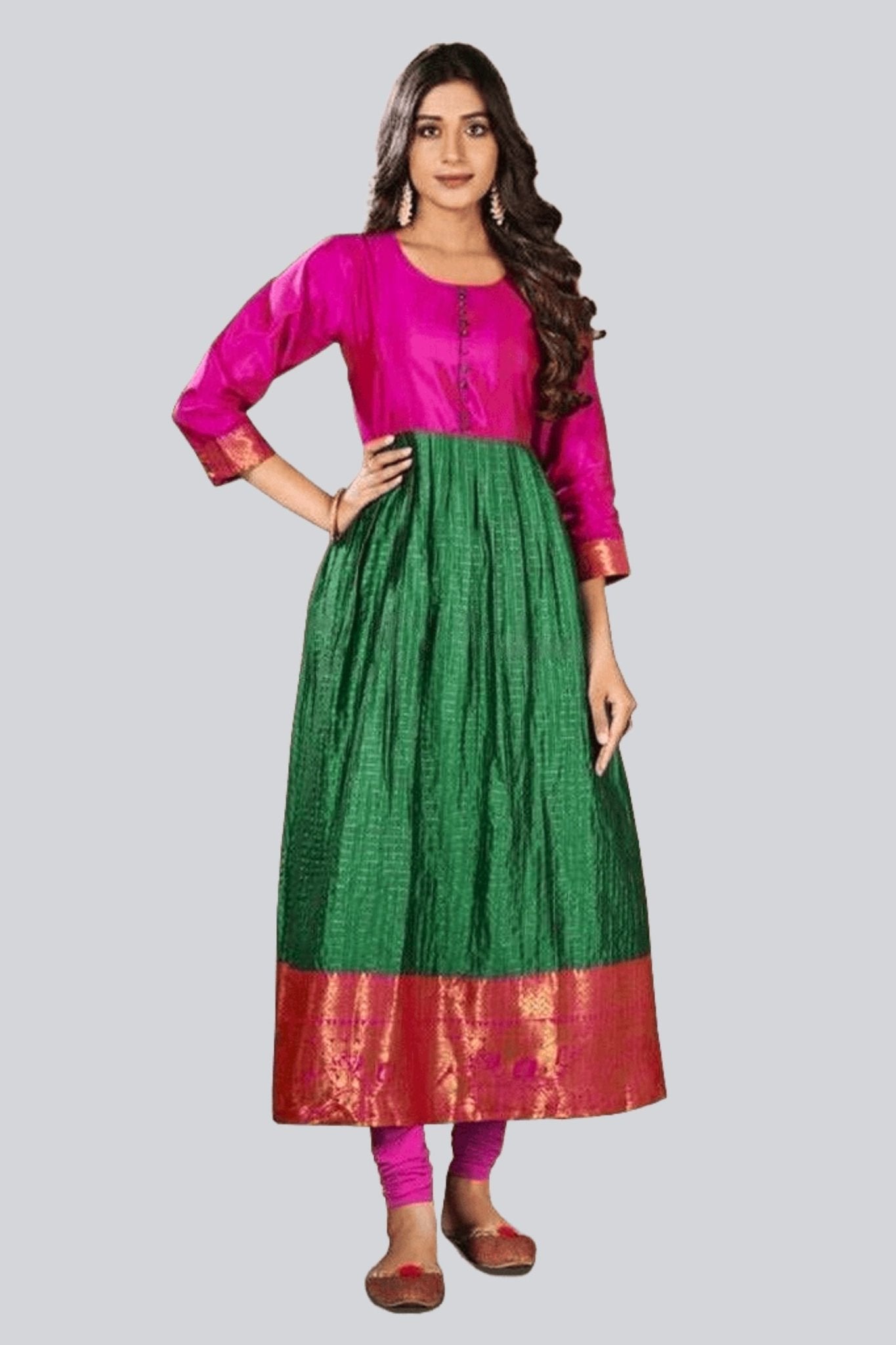 Heavy Silk Weaving Kurti with Checks and Daman Jacquard Border Kurti JCS Fashions Pink & Green Medium (38)