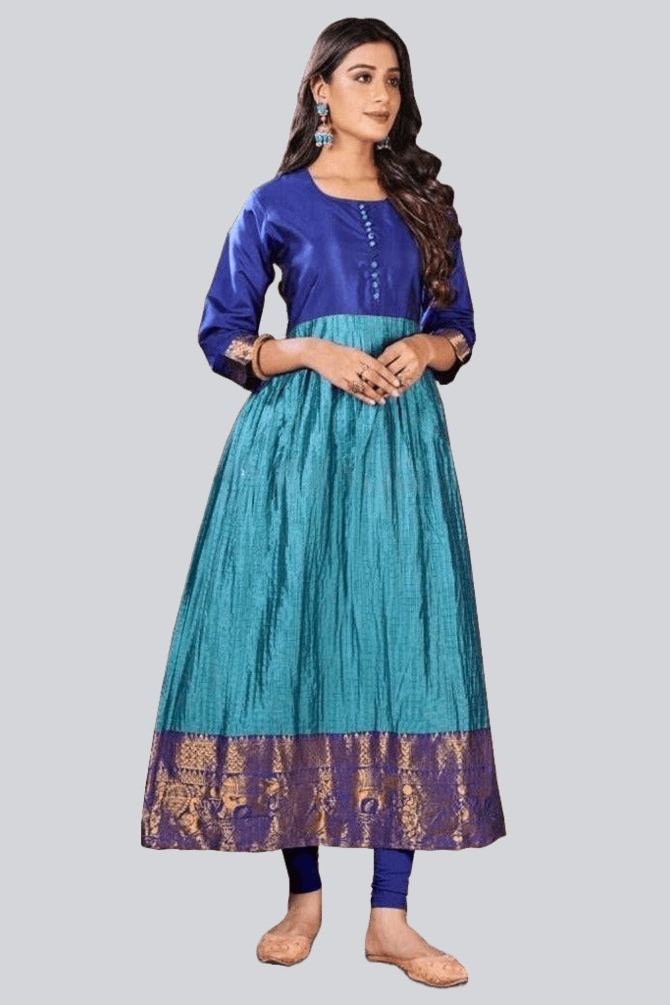 Checked Kurti with Daman Jacquard Border and Cotton Lining Kurti JCS Fashions Dark Blue & Light Blue Medium (38)
