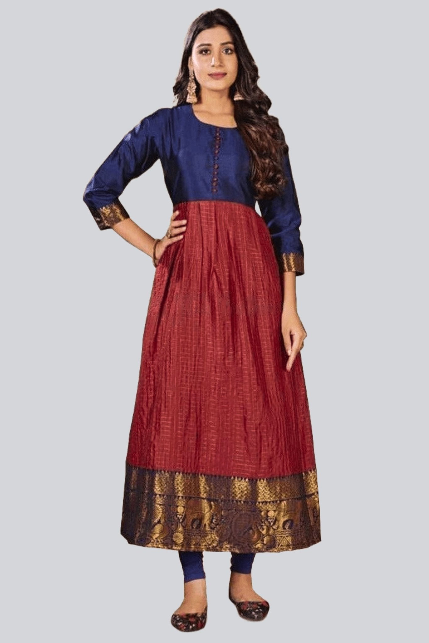 Heavy Silk Checks Kurthi with Elegant Daman Jacquard Border Kurti JCS Fashions Blue & Red Medium (38)