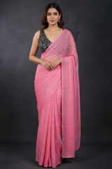 Pink Silver Zari Georgette Saree with Black Sequence