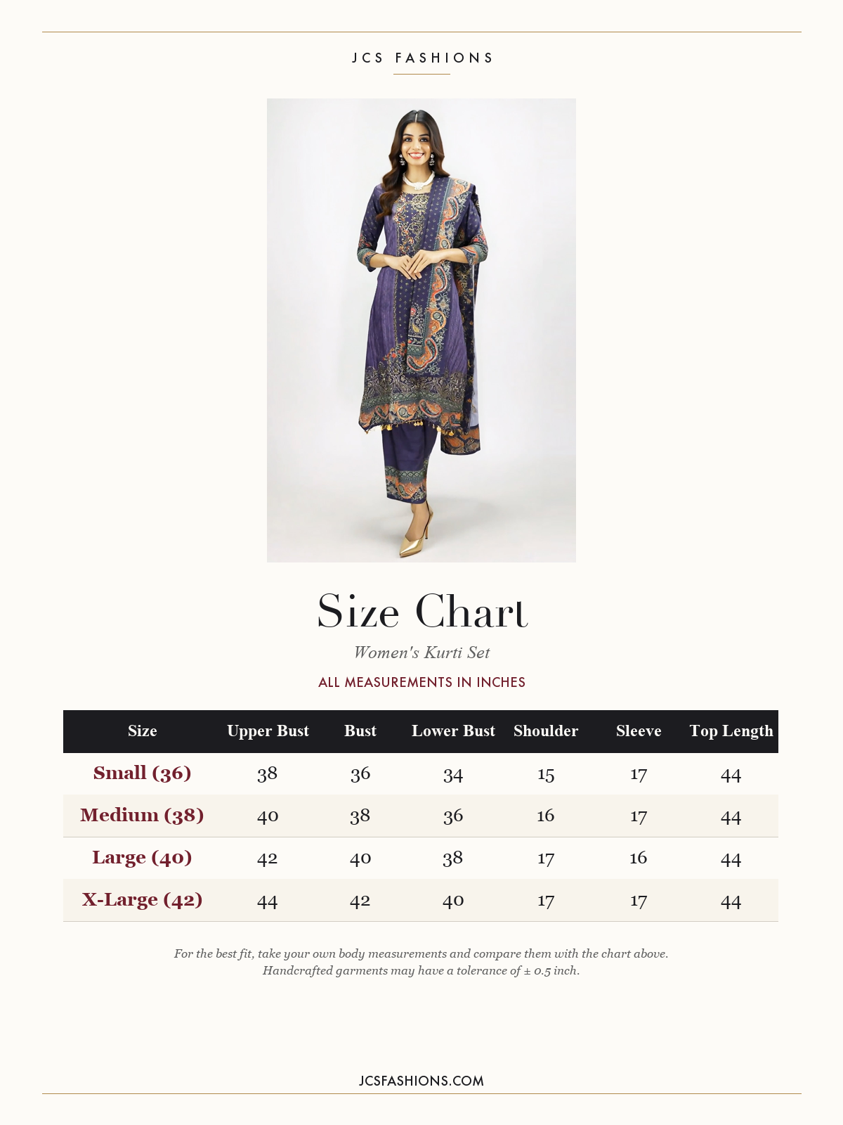 Size Chart — Violet Designer Crepe 3-Piece Salwar Suit with Stone & Mirror Work