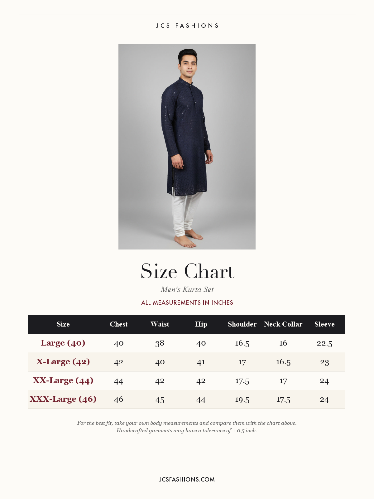 Size Chart — Navy Men's Lakhnavi Kurta: Embroidered Chikankari