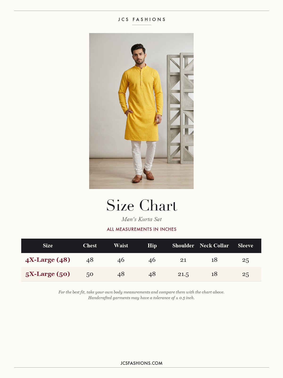 Size Chart — Yellow Men's Lakhnavi Kurta: Embroidery and Cotton
