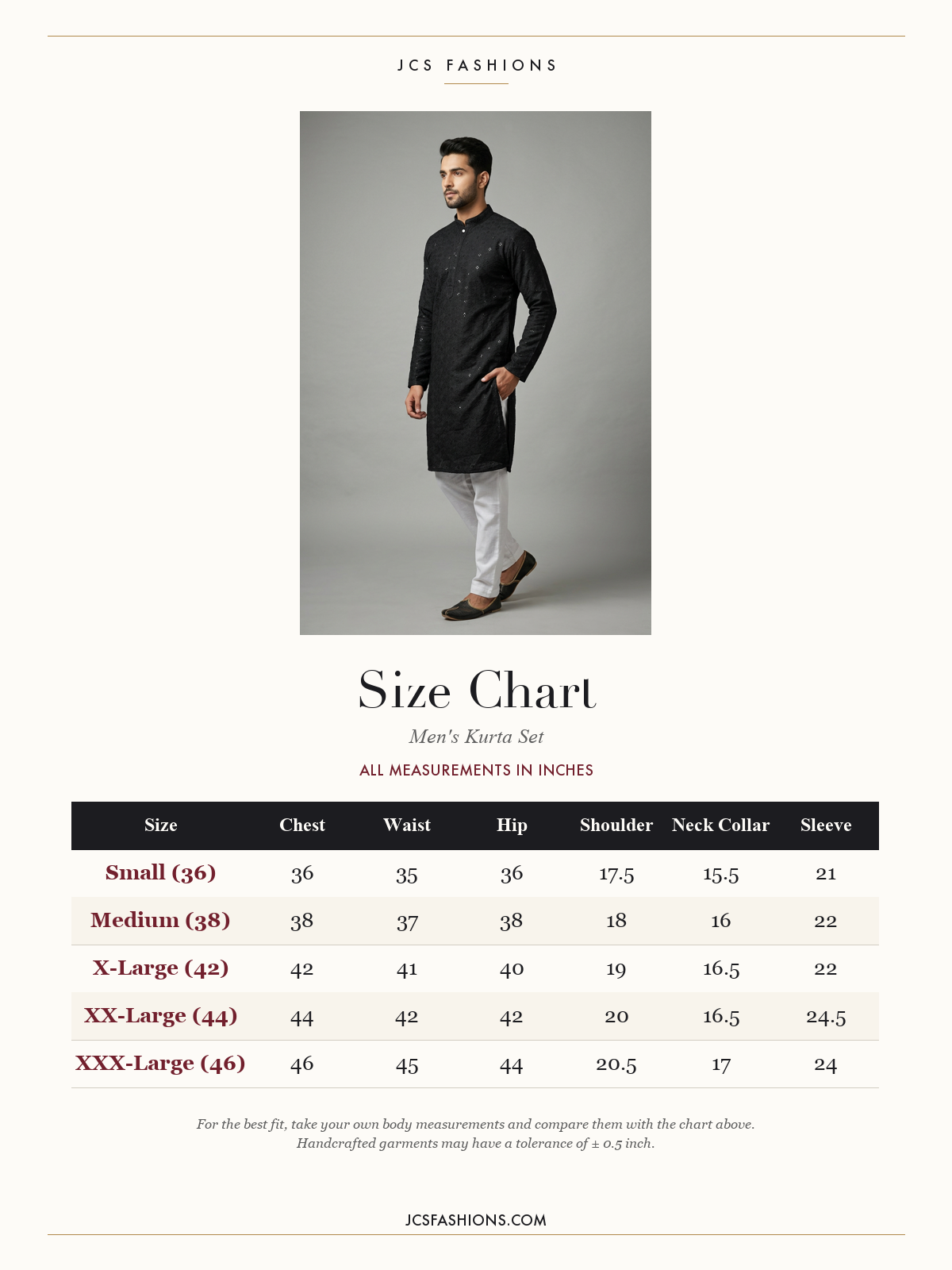 Size Chart — Black Men's Lakhnavi Kurta with Resham and Sequence