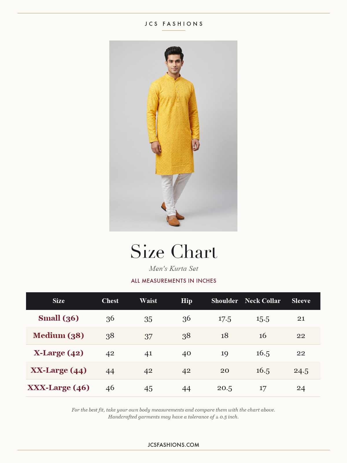 Size Chart — Men's Luxurious Lakhnavi Kurta - Elegant, Handcrafted Ethnic Ensemble