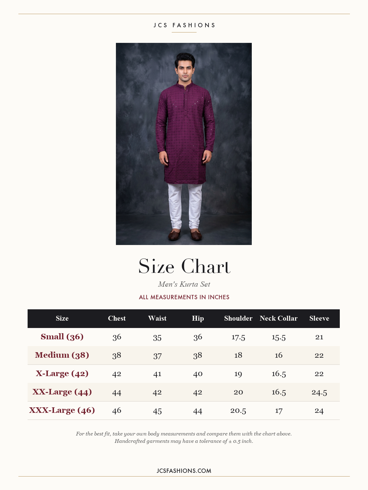 Size Chart — Men's Premium Lakhnavi Kurta with Resham Embroidery