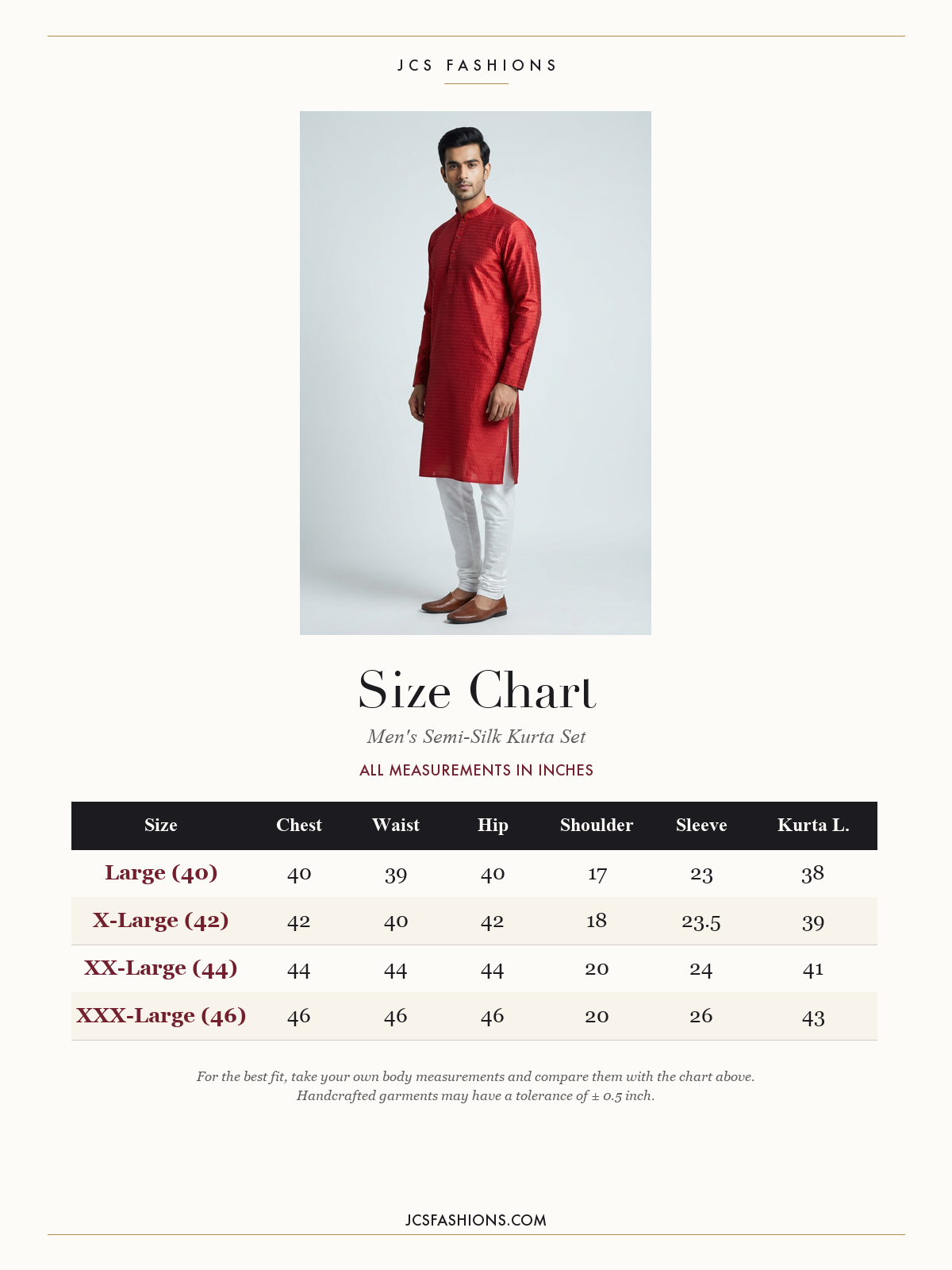 Size Chart — Men's Semi-Silk Kurta Set