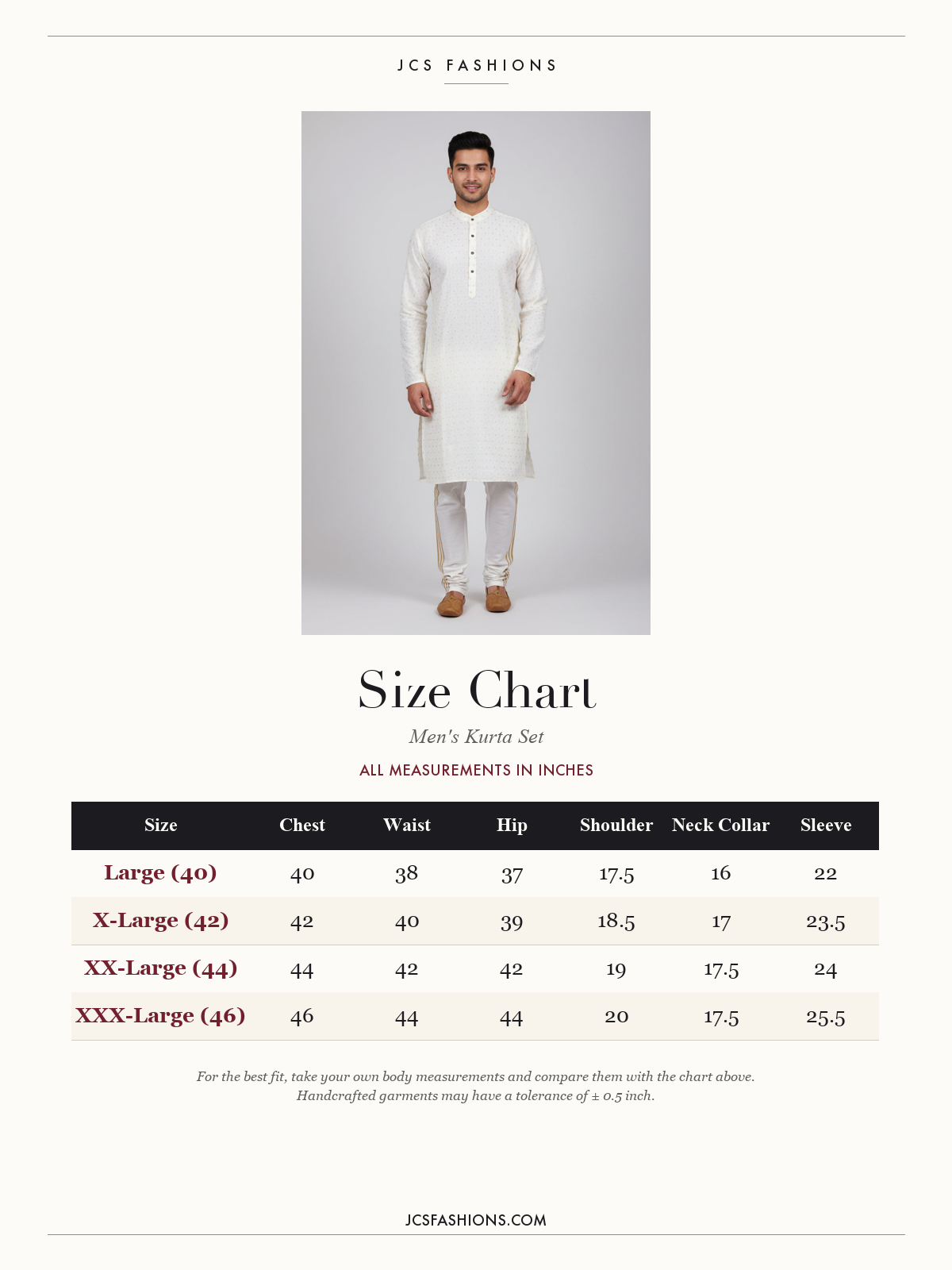 Size Chart — Chic White Hand-Woven Jacquard Men's Kurta for Weddings and Parties
