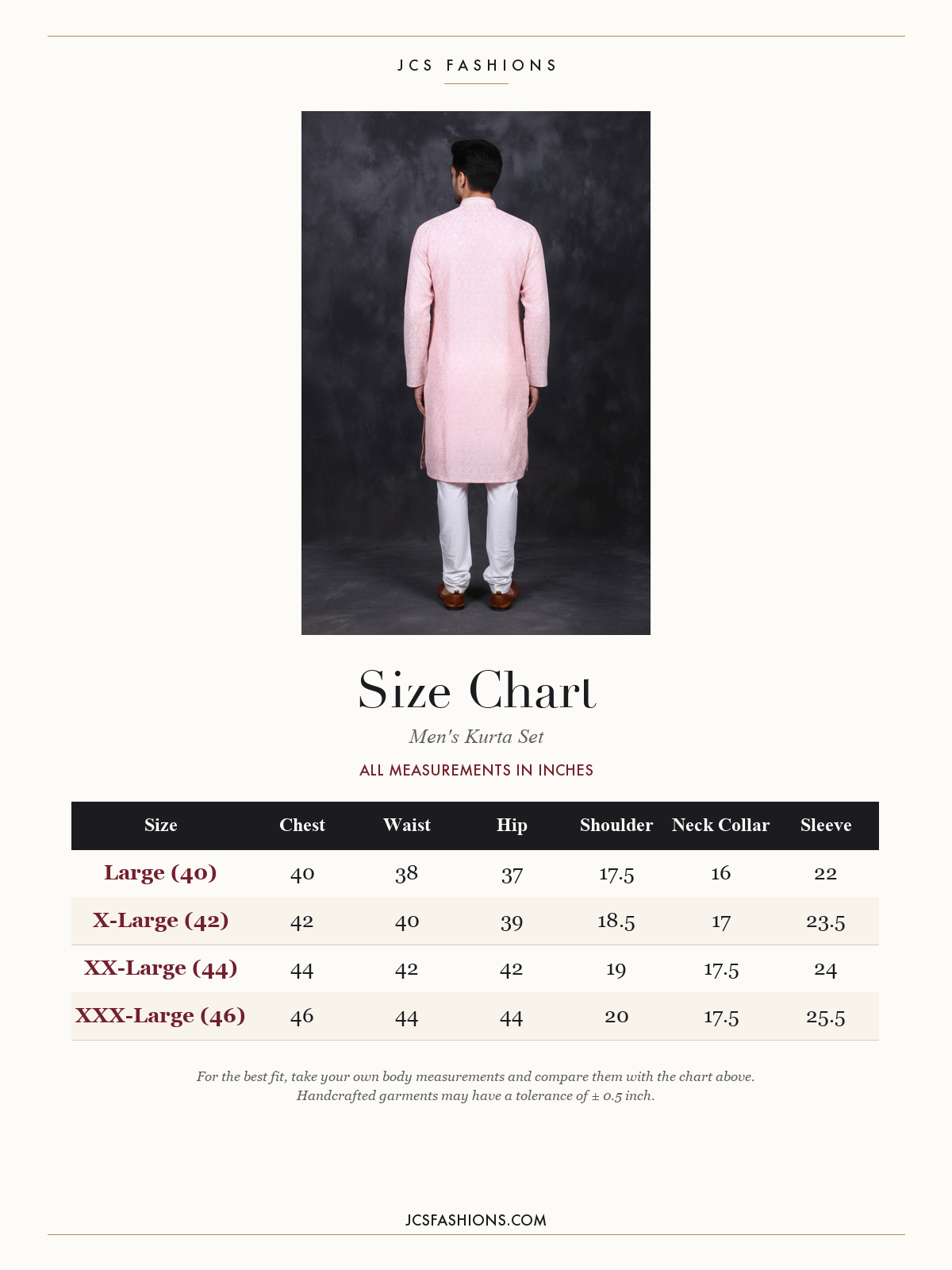 Size Chart — Pink Men's White Jacquard Kurta: Traditional Meets